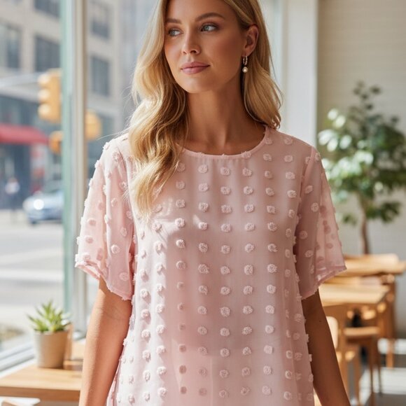 Blooming Lily Tops - Blooming Lily Blush Pink Swiss Dot Sheer Blouse Medium Feminine Textured Top